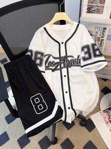 SHEIN 2 件青少年男孩休闲短袖衬衫 + 短裤套装，街头朋克摇滚学校日常外出派对音乐节服装，适合春夏季，男孩服装青少年服装篮球服，运动，数字和英语，色块 - 彩色 - 查看 1