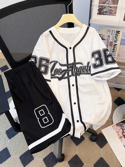 SHEIN 2pcs Teen Boys Casual Short Sleeve Shirt + Shorts Set, Street Punk Rock School Daily Outings Party Music Festival Outfit, Suitable For Spring/Summer, Boys Costume Tween Clothes Basketball Suit, Sports, Number & English, Color Blocking