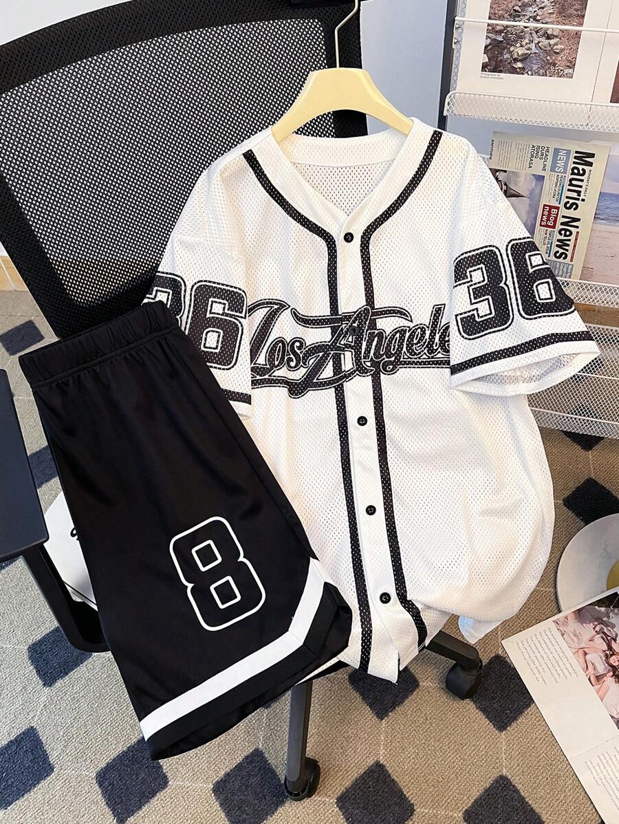 SHEIN 2 件青少年男孩休闲短袖衬衫 + 短裤套装，街头朋克摇滚学校日常外出派对音乐节服装，适合春夏季，男孩服装青少年服装篮球服，运动，数字和英语，色块 - 彩色 - 查看 1