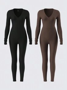 SHEIN BASICS 2件套纯色针织紧身连体裤，休闲 - 彩色 - 查看 1