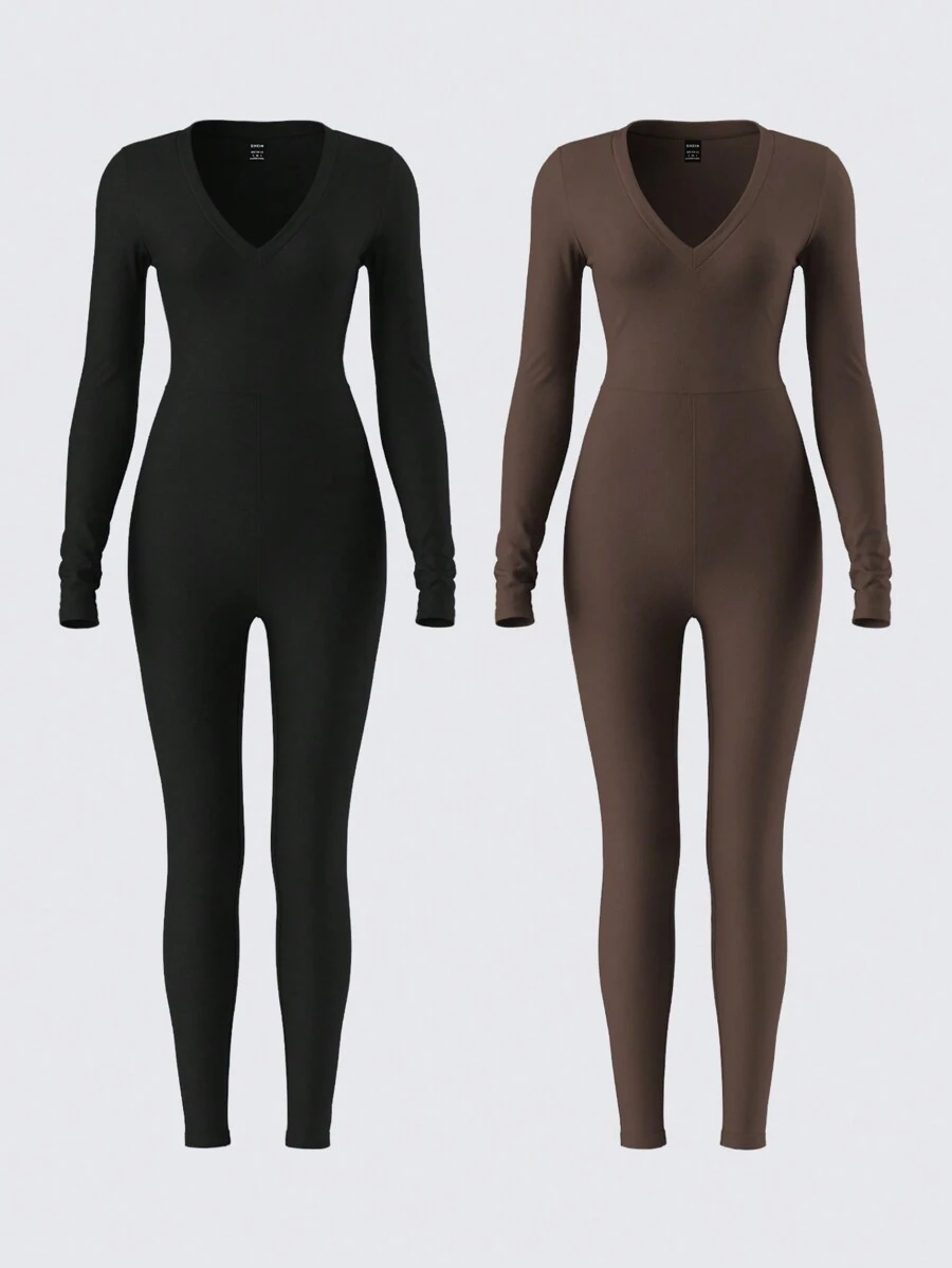 SHEIN BASICS 2件套纯色针织紧身连体裤，休闲 - 彩色 - 查看 1