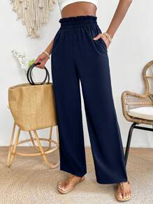 SHEIN PETITE Màu thuần Thắt lưng túi giấy Quần ống rộng Với Túi xéo - Màu xanh lam - Xem 6