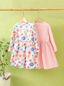 Girls Digital Ditsy Floral Mixed Solid Color Dress, Suitable For Autumn/Winter