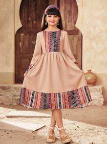 SHEIN Tween Girl Spring & Summer Casual Vacation Retro Stripes & Geometric Retro Print Patchwork Flare Sleeve Ruched Hem Long Dress - Khaki - View 5