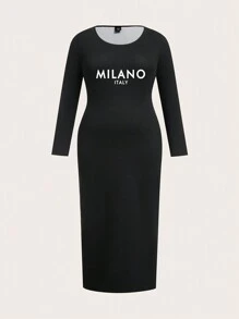 Slaydiva Black Knitted Long Lettering Print Dress, Suitable For Spring And Autumn