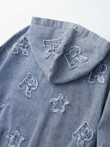 ROMWE MEN Street Life Men's Casual Water-Washed Star & Letter Print Hooded Denim Jacket, Autumn - Blue - View 3