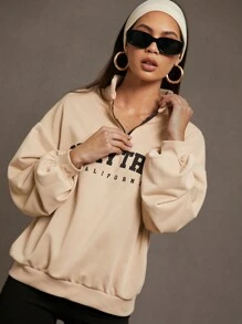 SHEIN Essnce 字母图案四分之一拉链落肩卫衣、秋冬长袖上衣 - 卡其色 - 查看 3