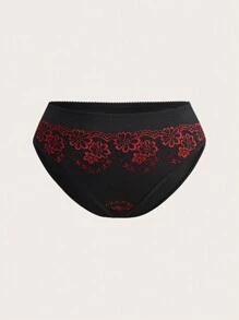PinupPomp Vintage, Elegant, Classic, Glam, Satin Red Floral Lace, Black & Red Comfortable, Curvy High Waisted Briefs, Plus Size Underwear