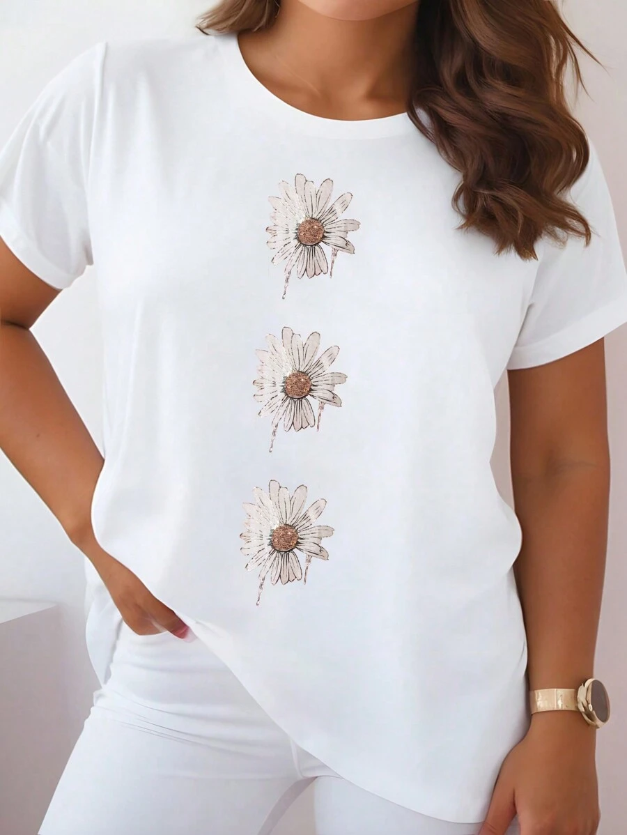 Plus Size Nữ Mùa Hè In Hoa Cổ Tròn Tay Ngắn Áo Thun Thường Ngày - trắng - Xem 1