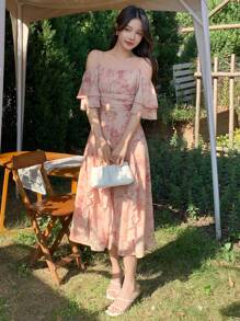 DAZY Vestido midi con estampado floral, mangas largas sin mangas y volantes en el bajo para mujeres