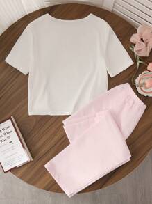 SHEIN 女童时尚舒适罗纹镂空蝴蝶结设计撞色圆领短袖长裤家居服套装 - 彩色 - 查看 2