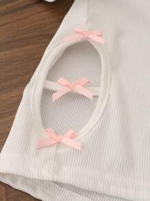 SHEIN 女童时尚舒适罗纹镂空蝴蝶结设计撞色圆领短袖长裤家居服套装 - 彩色 - 查看 7