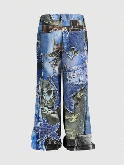 Grunge Punk Jeans casuales con bolsillo delantero y botones, estampados, ropa de calle para hombre