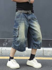 Manfinity EMRG Men's Simple Multi-Pocket Casual Denim Shorts, Everyday Wear - Blue - View 1