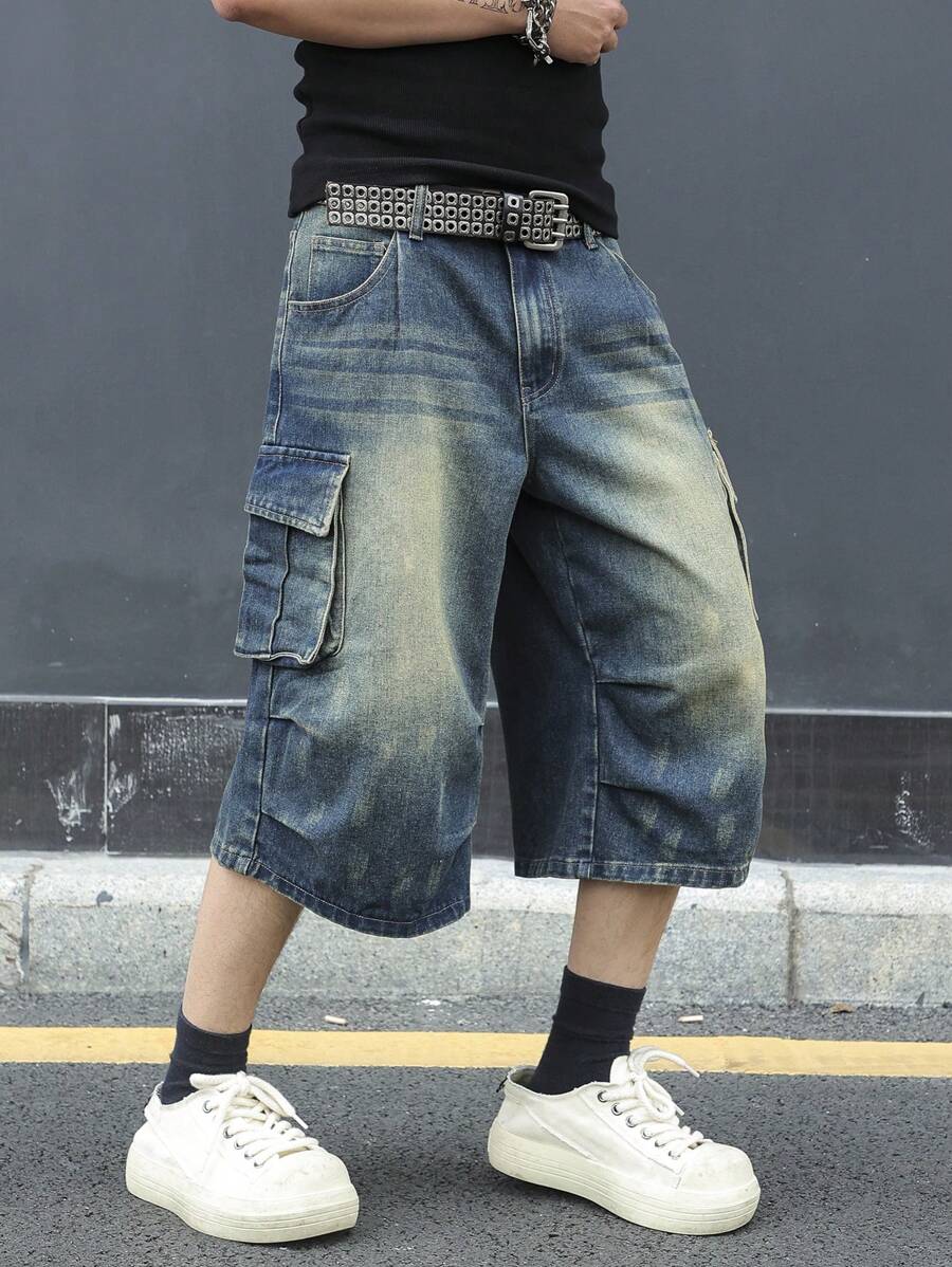 Manfinity EMRG Men's Simple Multi-Pocket Casual Denim Shorts, Everyday Wear - Blue - View 1