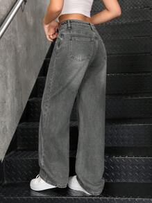 SHEIN 青少年女孩 Y2K 时尚纯色复古水洗宽松直筒牛仔裤，女孩秋装返校街头装