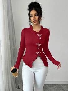 Elenzga Women's Bow Decor Frill Trim Long Sleeve Casual T-Shirt - Red - View 5