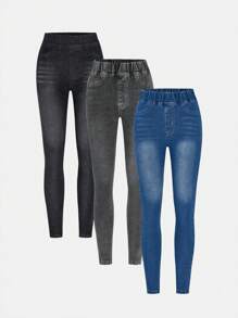 SHEIN Vintaside Kids Tween Girl Multi-Pack Y2K Casual Slim Fit Stretchy Washed Denim Jeans, Highly Attractive, Comfortable Fabric, Easy To Match For Daily Wear, School, Campus, College Summer Holiday
