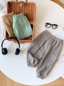 SHEIN Leap Crew 3 件套男女通用婴儿/幼儿工装口袋松紧腰踝带裤套装，适合秋冬季运动、居家、上学的休闲装