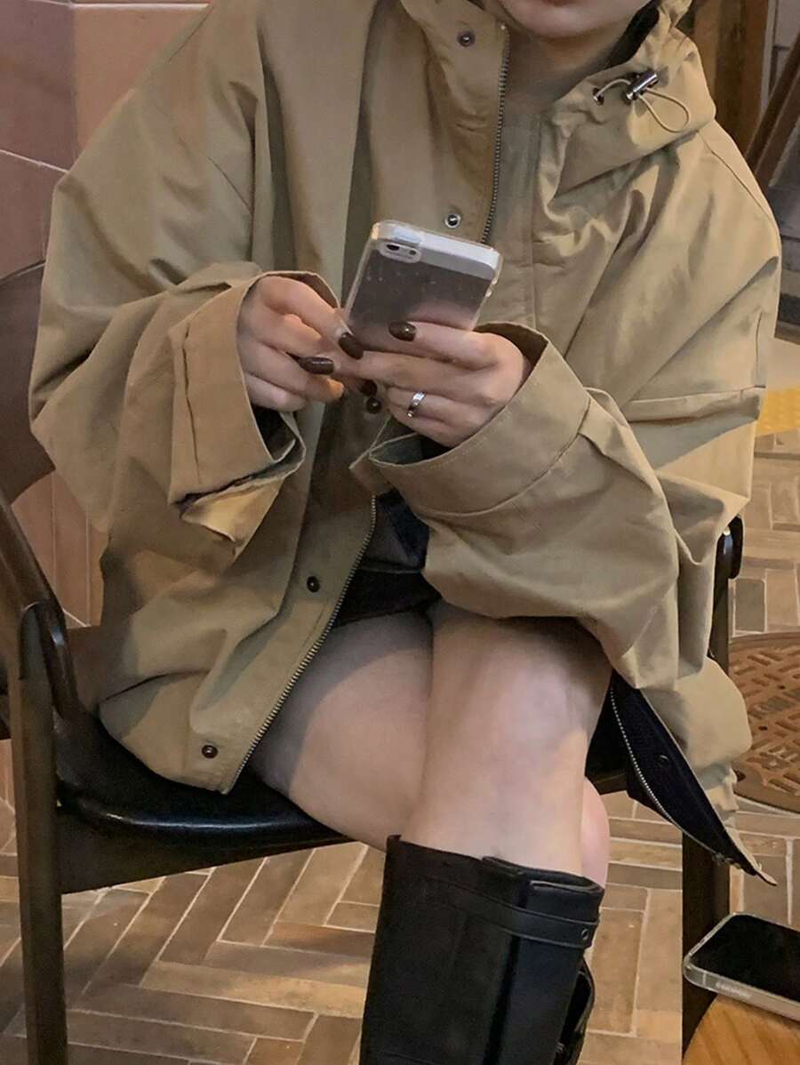 DAZY Women's Solid Color Casual Drop Shoulder Loose Single Breasted Regular Jacket, Autumn,Fall Women Clothes - Khaki - View 1