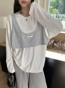 DAZY Women Casual Round Neck Loose 2 In 1 Long Sleeve T-Shirt