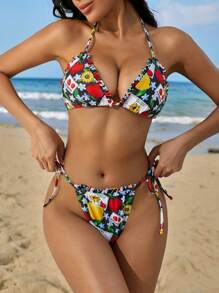 SHEIN Swim Conjunto de 2 piezas con estampado floral y sexy para vacaciones en la playa, popular en primavera y verano