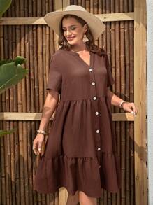 EMERY ROSE Plus Size Women Solid Color V-Neck Short Sleeve Single-Breasted Ruffle Hem Casual Dress,Vacation Outfits Woman,Boho For Women,Summer Outfits For Women/Summer