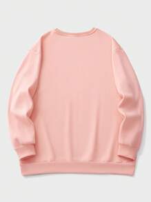 SHEIN LUNE 狗印花口号纯色字母图案休闲圆领长袖运动衫，大码，秋冬季 - 粉色 - 查看 2