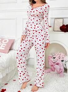 Ruched V-Neck Patchwork Heart Print Long Sleeve Top & Pants Set - Red - View 4