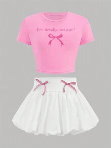 Girlism Tween Girl 2件套 白色和粉色 甜美 旅行 街拍 春夏 蝴蝶结印花 针织短袖圆领T恤和迷你裙套装 情人节 干净的女孩 可爱 - 彩色 - 查看 1