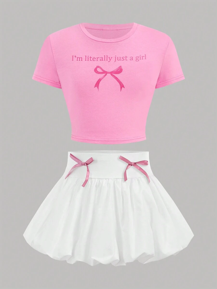 Girlism Tween Girl 2件套 白色和粉色 甜美 旅行 街拍 春夏 蝴蝶结印花 针织短袖圆领T恤和迷你裙套装 情人节 干净的女孩 可爱 - 彩色 - 查看 1