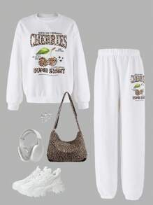 SHEIN Explorewe 少女豹纹 & 樱桃字母套头连帽衫套装，时尚美式街头风格，适合户外活动和日常通勤，秋冬季