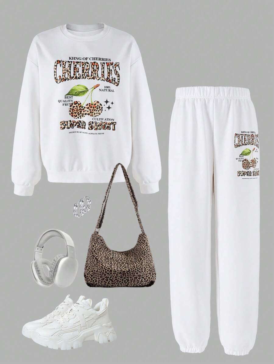 SHEIN Explorewe 少女豹纹 & 樱桃字母套头连帽衫套装，时尚美式街头风格，适合户外活动和日常通勤，秋冬季