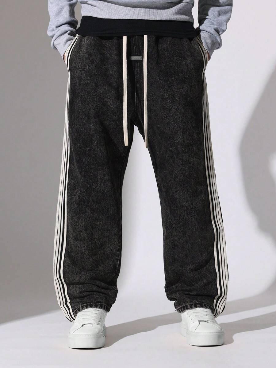 SUMWON Straight Fit Pull On Washed Jean With Side Tape - Black - View 1