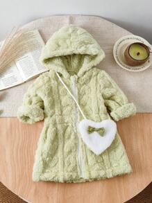 Babymeisje, 2-delige set warme Sherpa-hoodiejas met harige hartvormige tas, geschikt voor uitstapjes, herfst/winter