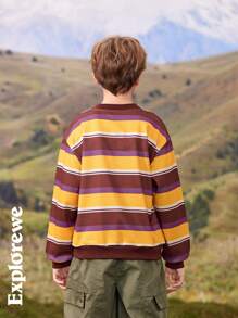 SHEIN Sweatshirt Longgar Bergaris Kasual Kerah Bulat untuk Anak Laki-laki, Gaya Sekolah Modis, Musim Gugur - MultiWarna - View 2