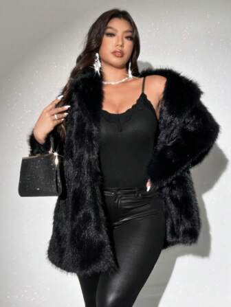 Viva Relle Plus Size Vrouwen Faux Fur Collar Losse Lange Mouw Mode Jas, Geschikt Voor Valentijnsdag