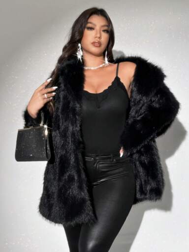 SHEIN X Phaith Montoya Viva Relle Plus Size Women Faux Fur Collar Loose Long Sleeve Fashion Jacket, Suitable For Valentine's Day Fall Winter Cloth For Women Autumn