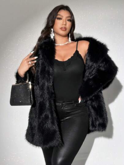 SHEIN X Phaith Montoya Viva Relle Plus Size Women Faux Fur Collar Loose Long Sleeve Fashion Jacket, Suitable For Valentine's Day Fall Winter Cloth For Women Autumn