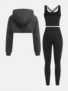 Conjunto de 3 piezas para niñas preadolescentes: sudadera con capucha corta y relajada, chaleco con tirantes cruzados y leggings elásticos ceñidos, estilo deportivo casual