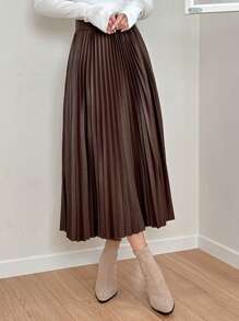 DAZY Women Plain Pleated PU Leather Casual Skirt,Back To School Clothes - Coffee Brown - View 4