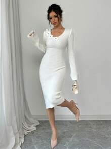 Calvaya Vestido de punto elegante con cuello en V, dobladillo floral y abertura lateral para mujer para el invierno