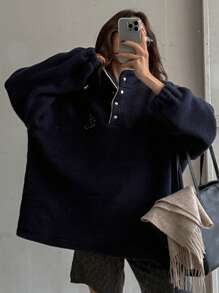 DAZY Women's Colorblock Trim Long Sleeve Graphic Detail Minimalist Blouse - Navy Blue - View 4