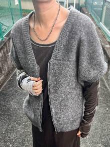 FRIFUL 女士前拉链短袖简约毛衣背心，休闲日常穿着，秋季服装 - 灰色 - 查看 5