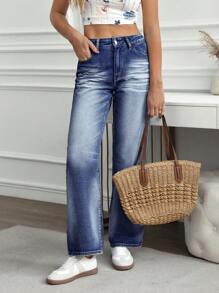 SHEIN LUNE Jeans sencillos de mujer con bolsillos y botones delanteros, casuales para uso diario - Azul - Ver 6