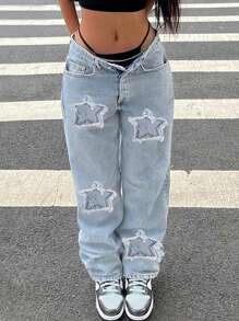 European And American Casual Star Patch Women Straight Leg Jeans