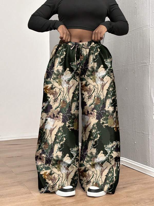 SHEIN SXY Plus Size Casual Plant Camouflage Straight Pants For Women Spring And Autumn Bottoms