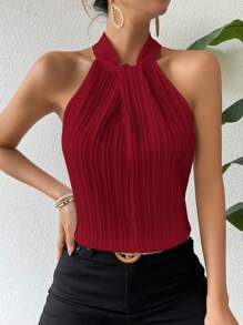 SHEIN Unity 优雅女士纯色褶皱挂脖衬衫 - 酒紅色 - 查看 3