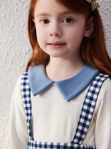 Blossori 年轻女孩优雅法式卡其色和蓝色格子针织拼布宽松 T 恤/吊带裙套装，秋冬 - 藍色 - 查看 6