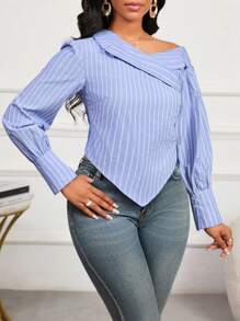 SHEIN Lady قميص أزرق مخطط طويل الأكمام منخفض الكتف للنساء، قميص مخطط مناسب للارتداء اليومي